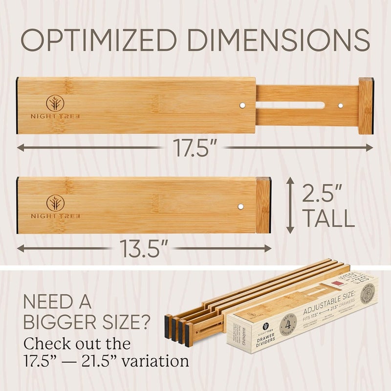 Night Tree Expandable Bamboo Drawer Dividers – Spring-Loaded Wooden Organizers for Clothes, Kitchen Utensils, Bathroom, and Dresser Drawers (13.5" to 17.5") - Image 3
